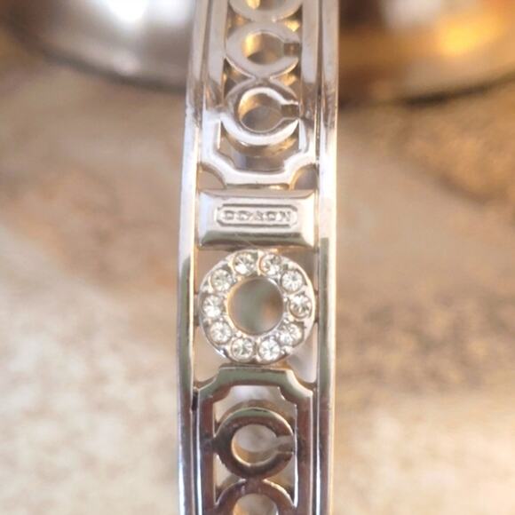 Coach Rare Silver & Crystal Cut-Out Bangle Bracelet with Dust Bag EUC MSRP $150 - Picture 8 of 10